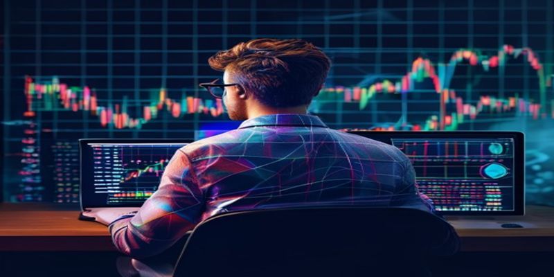 trader looking at a laptop screen with a colorful heat map grid of crypto assets
